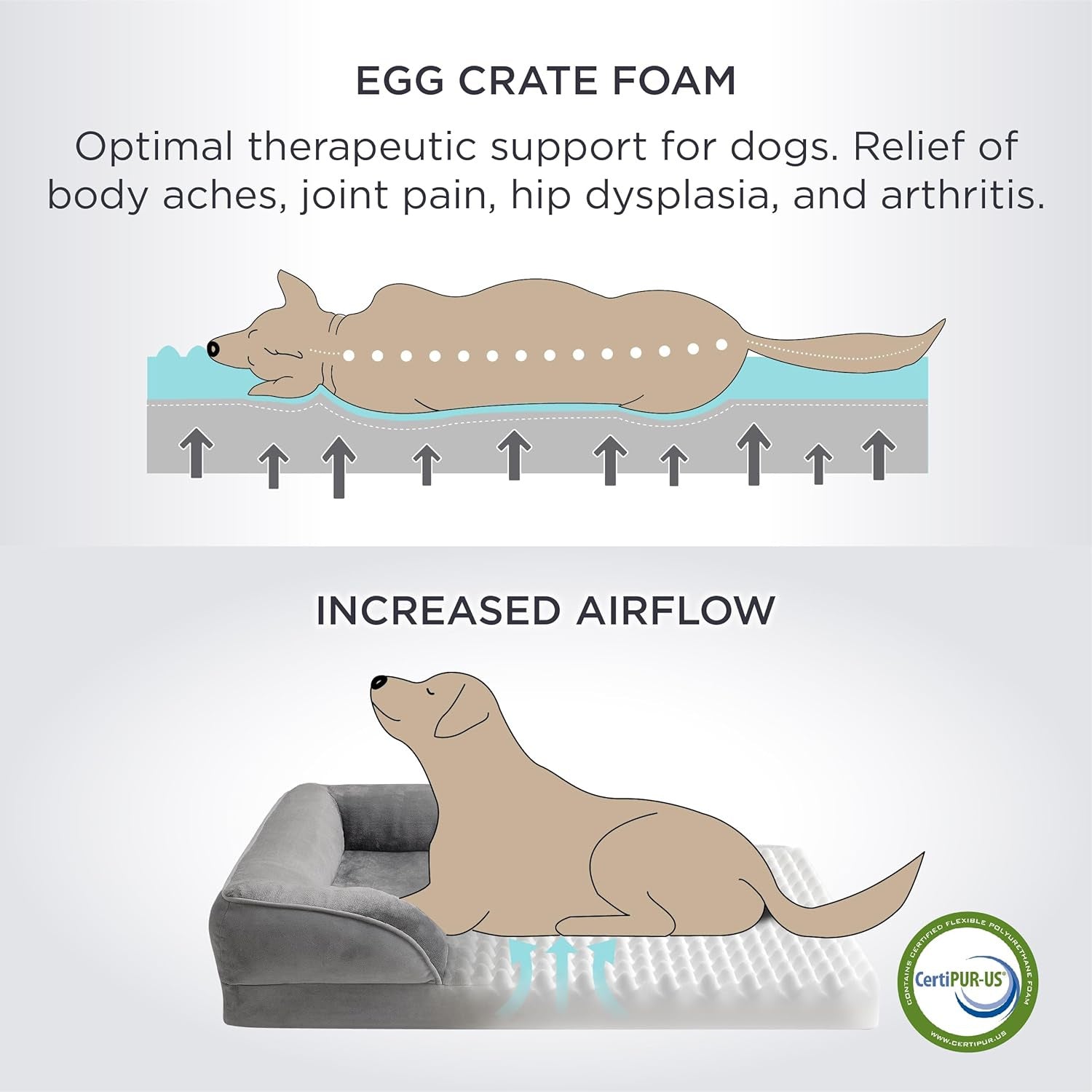 Beige Waterproof Egg-Crate Foam Therapeutic Pet Sofa Bed and Fleece Lounge (XL Size 110 x 82 x 17 CM) - Low Entry, High Bolster Support & Zipper Removable Cover