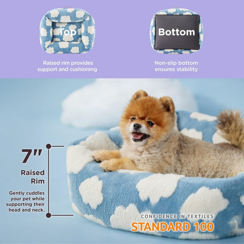 50x48x15 CM Cute Square Plush Pet Bed with Removable Cover & 5 Bolsters Support - Purple Plaid Machine Washable Calming Dog & Cat Sofa
