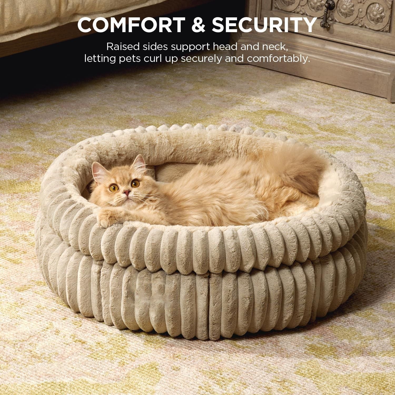 50x50x18 CM Beige Ultra-Soft Thickened Round Pet Bed with Stripe Texture - Plush Self-Warming Donut Nest for Cats and Small Dogs