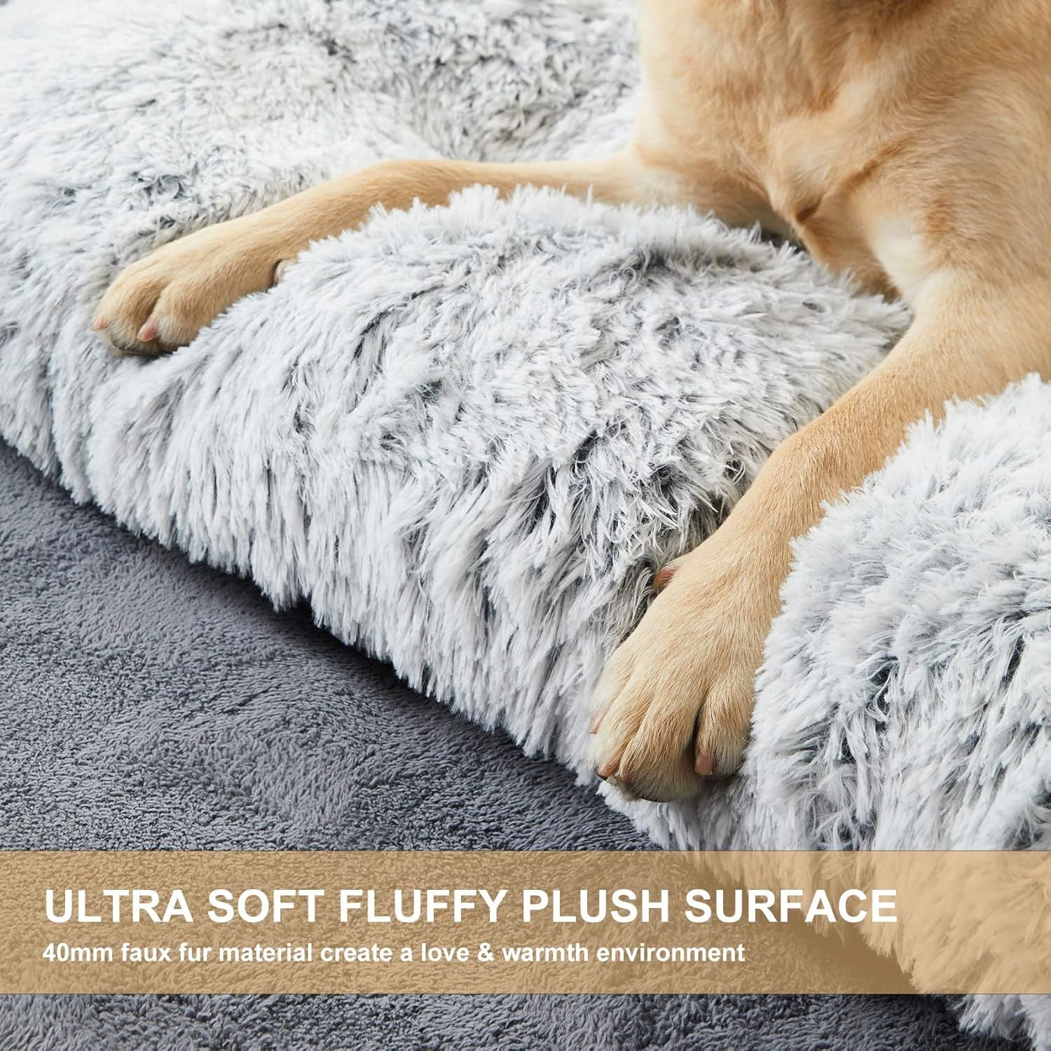 80 x 55 CM Winter Long Plush Dog Bed for Large Dogs - 10CM Thickened Fluffy Faux Fur Pad - Calming Anti Anxiety Pet Cushion with Non-Slip Bottom, Removable & Washable Heavy Duty Bedding, Grey L Size