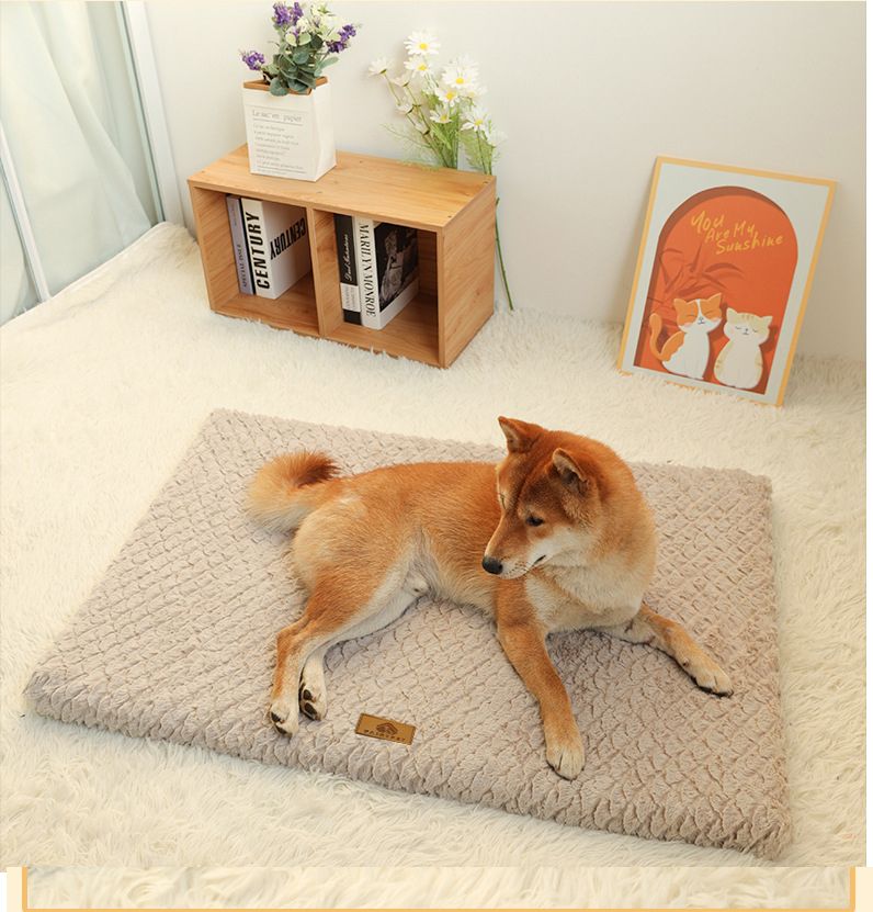 Coffee L size Pet Dog Bed Mat - Plush Short Fur Cover with Wave Foam Padding - Washable Removable Cover, Non-Slip Base, Warm Winter Cushion for Dogs and Cats, Multiple Sizes