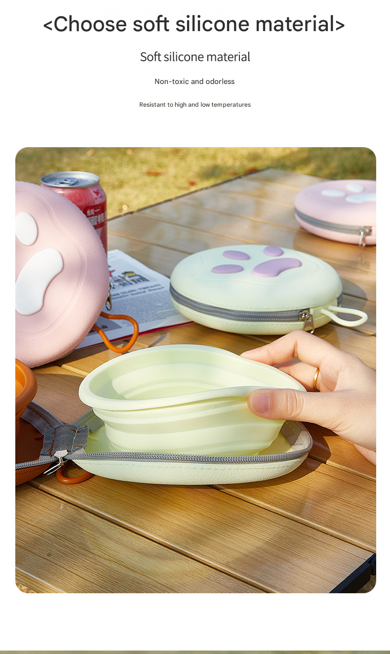 Light Yellow Portable Collapsible Silicone Pet Bowl - Food Grade Silicone - Dual Bowl Design, Adjustable Height, Lightweight & Compact, Bear Paw Pattern, for Dogs & Cats, Travel Friendly, Easy Clean
