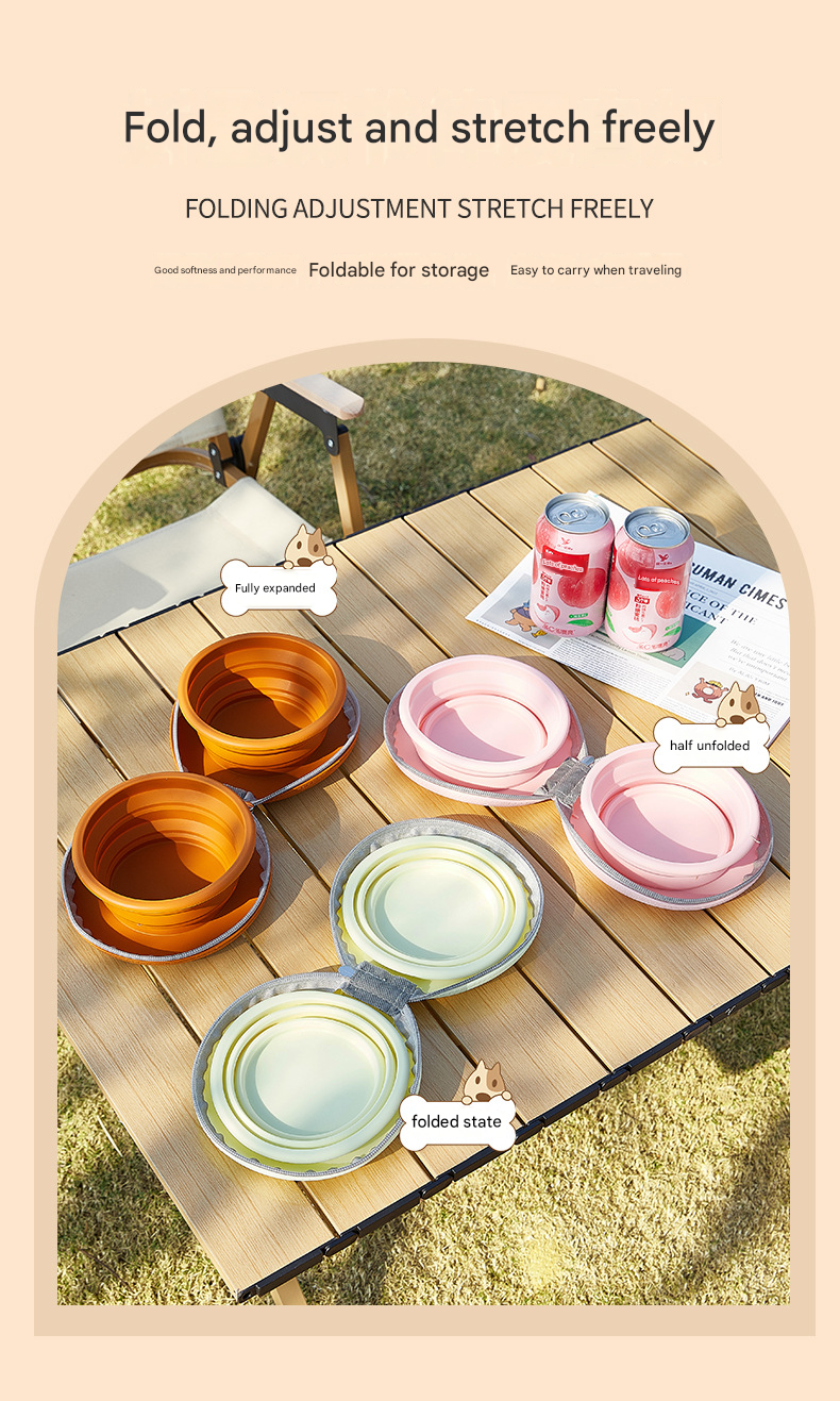 Brown Portable Collapsible Silicone Pet Bowl - Food Grade Silicone - Dual Bowl Design, Adjustable Height, Lightweight & Compact, Bear Paw Pattern, for Dogs & Cats, Travel Friendly, Easy Clean