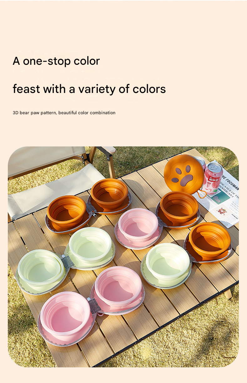 Brown and Yellow Portable Collapsible Silicone Pet Bowl - Food Grade Silicone - Dual Bowl Design, Adjustable Height, Lightweight & Compact, Bear Paw Pattern, for Dogs & Cats, Travel Friendly, Easy Clean