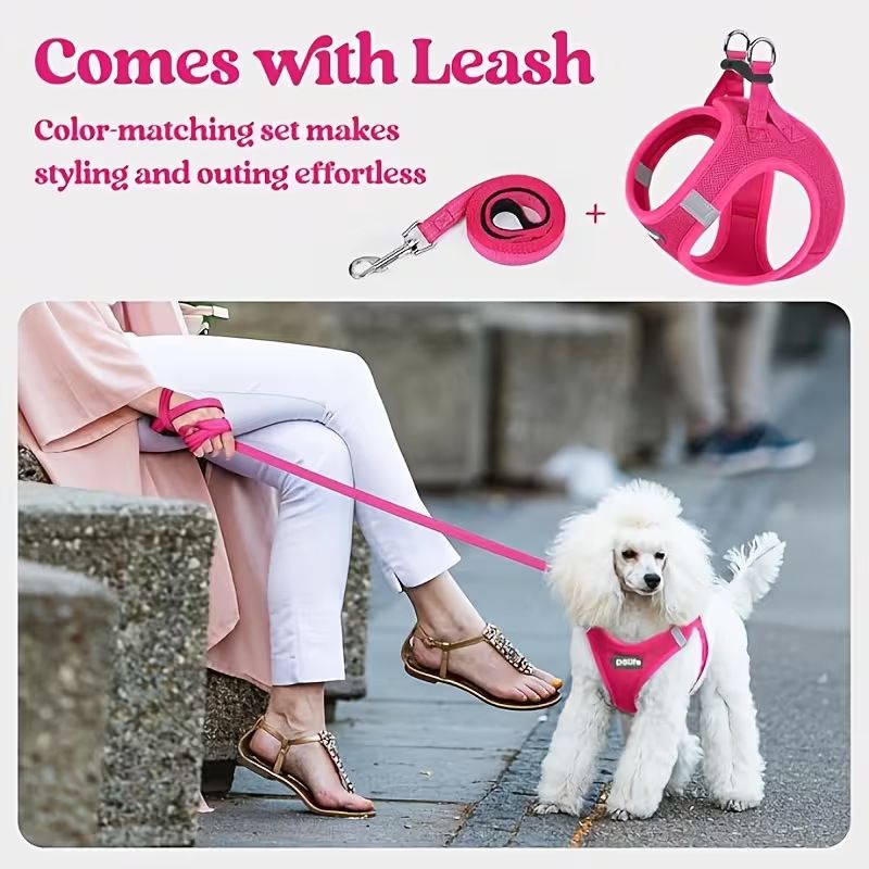 Rose red Breathable Dog Harness and Leash Set - Adjustable Reflective Pet Vest with Swivel Clip(Size: L)
