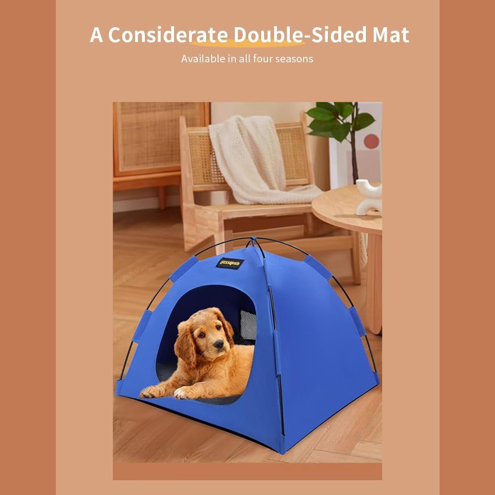 Blue All-Weather Portable Pet Tent with Dual-Sided Cushion & Insect-Proof Mesh – M Size 50 x 50 x 45 cm, Waterproof & Sun-Proof Outdoor Four Corner Dome Kennel for Dogs & Cats Travel Camping