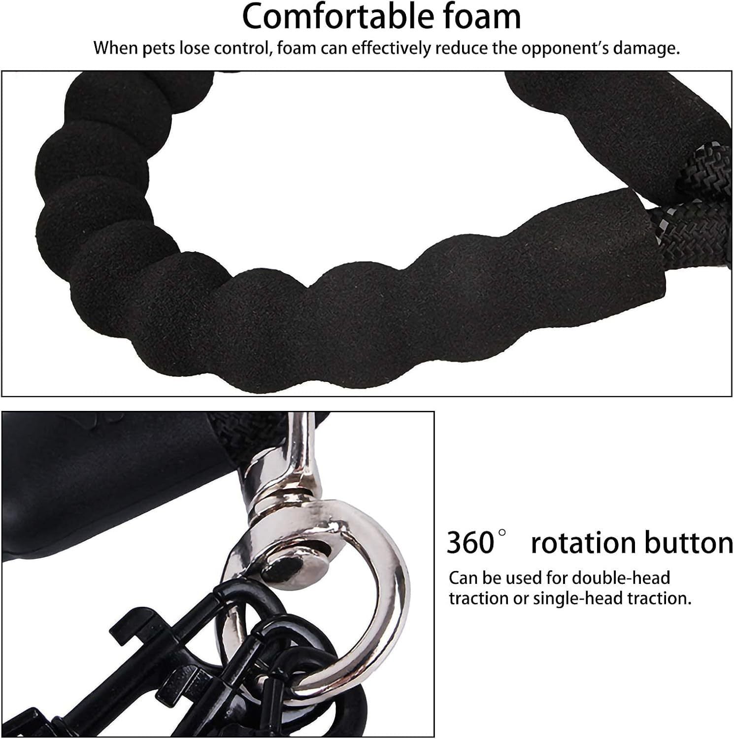 Black 3-in-1 No-Tangle Dog Leash for 1-3 Small Large Dogs – Heavy Duty 360° Swivel Bungee Coupler with Reflective Nylon Braid & Padded Handle