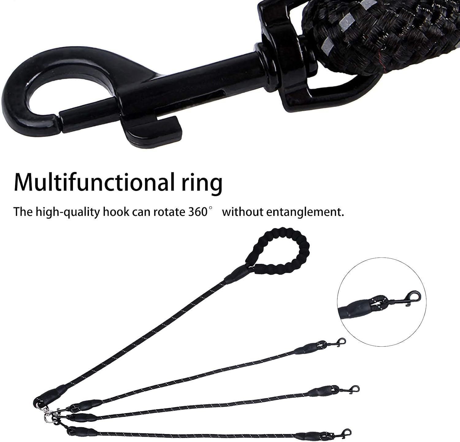 Red 3-in-1 No-Tangle Dog Leash for 1-3 Small Large Dogs – Heavy Duty 360° Swivel Bungee Coupler with Reflective Nylon Braid & Padded Handle