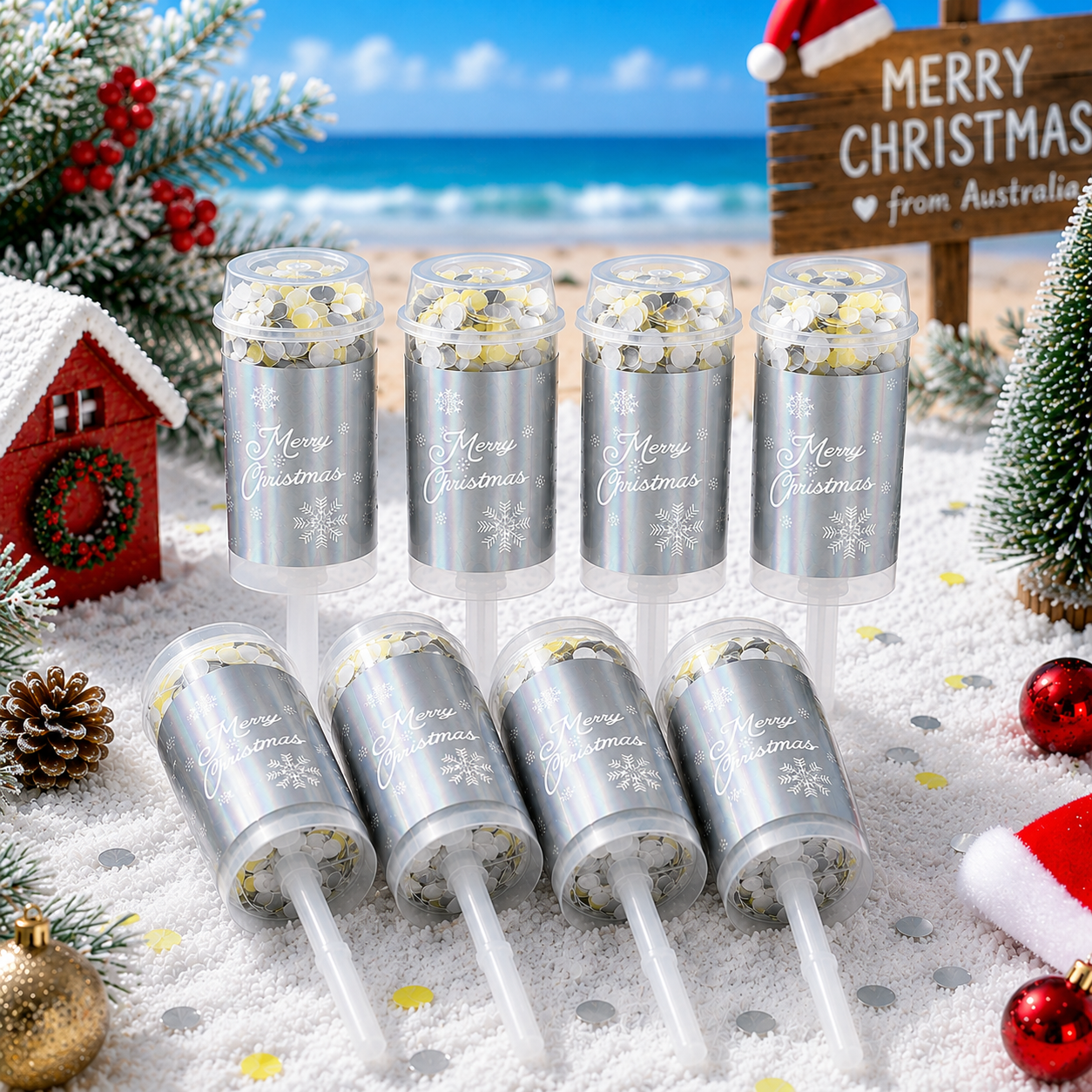 8PCS Silver Christmas Push Pop Confetti Cannon, Reusable Hand Push Party Popper for Christmas Eve, Holiday Celebrations and Festive Events