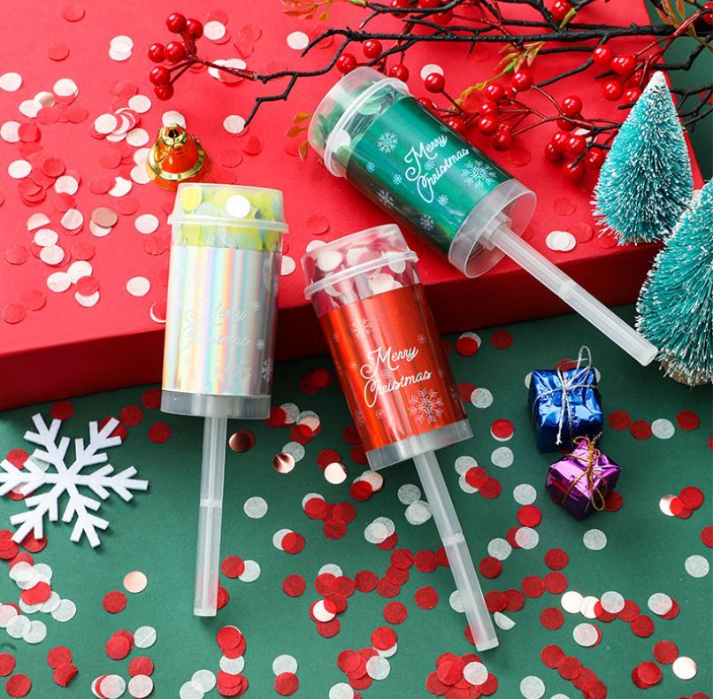 8PCS Silver Christmas Push Pop Confetti Cannon, Reusable Hand Push Party Popper for Christmas Eve, Holiday Celebrations and Festive Events