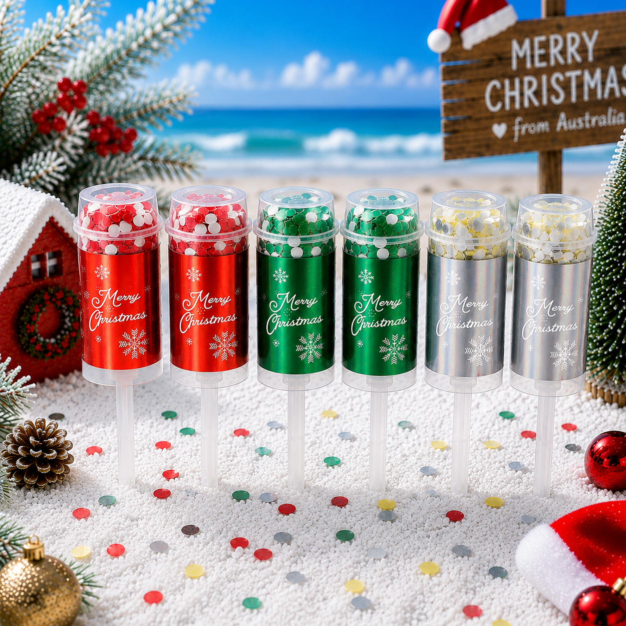 6PCS Christmas Push Pop Confetti Cannon Set, Reusable Hand Push Party Popper for Christmas Eve, Holiday Celebrations and Festive Events