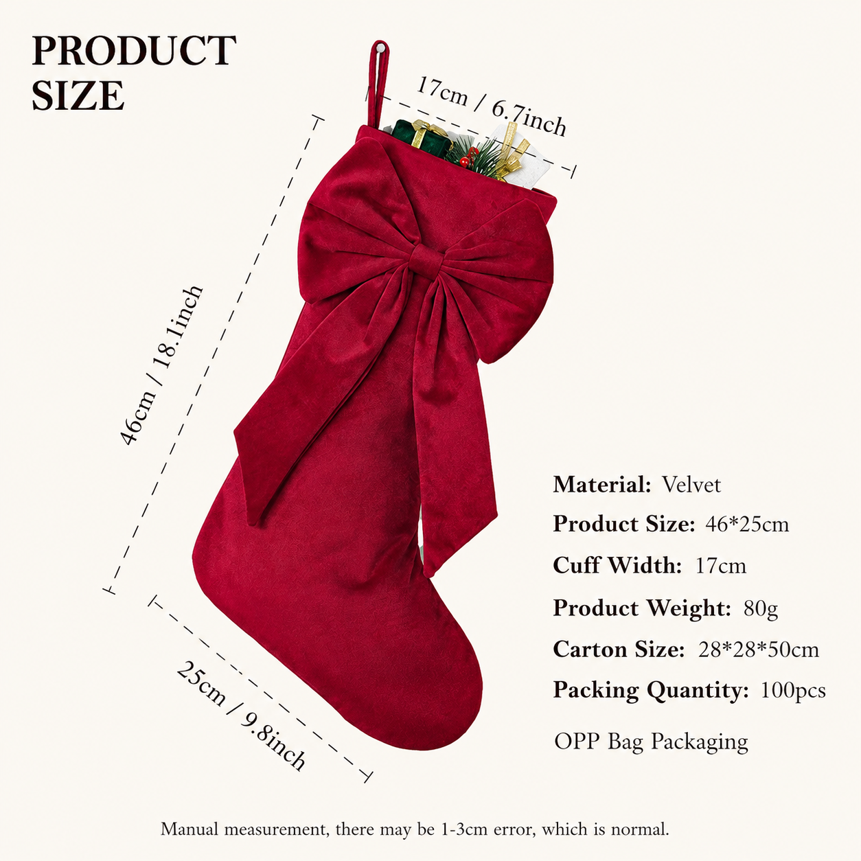 18 Inch Oversized Luxury Velvet Christmas Stocking with Bow & Loop, Fireplace Hanging Gift Bag, Holiday Mantel Decor and Present Holder, 4PCS Set in Red Green Grey Gold