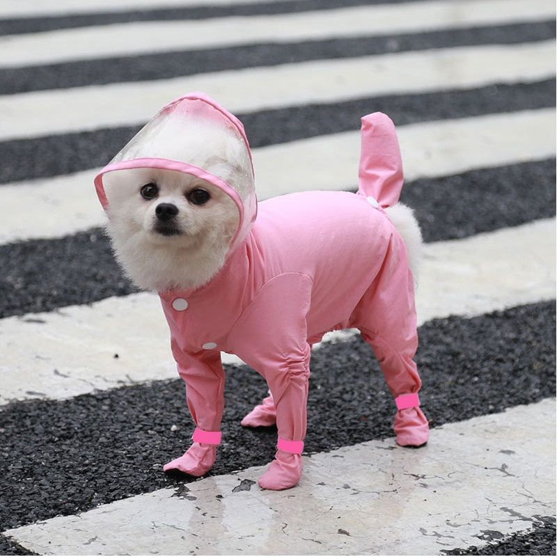 Pink XL size Full Coverage Pet Raincoat Jumpsuit Waterproof Dog Rain Suit with Attached Shoes and Tail Cover-Lightweight Hooded Dog Poncho for Small Dogs