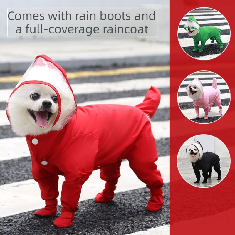 Red M size Full Coverage Pet Raincoat Jumpsuit Waterproof Dog Rain Suit with Attached Shoes and Tail Cover-Lightweight Hooded Dog Poncho for Small Dogs