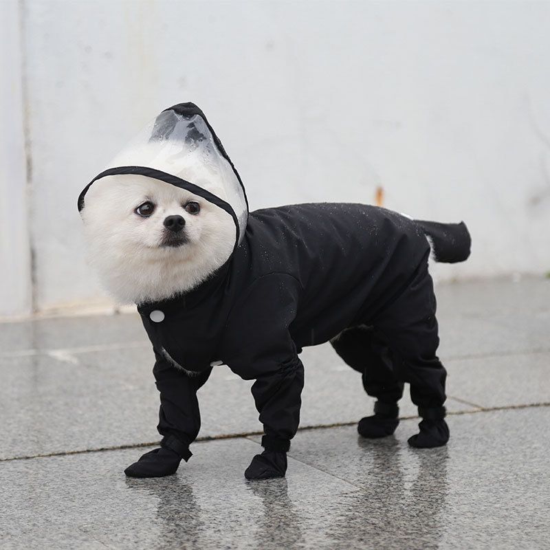 Black S size Full Coverage Pet Raincoat Jumpsuit Waterproof Dog Rain Suit with Attached Shoes and Tail Cover-Lightweight Hooded Dog Poncho for Small Dogs