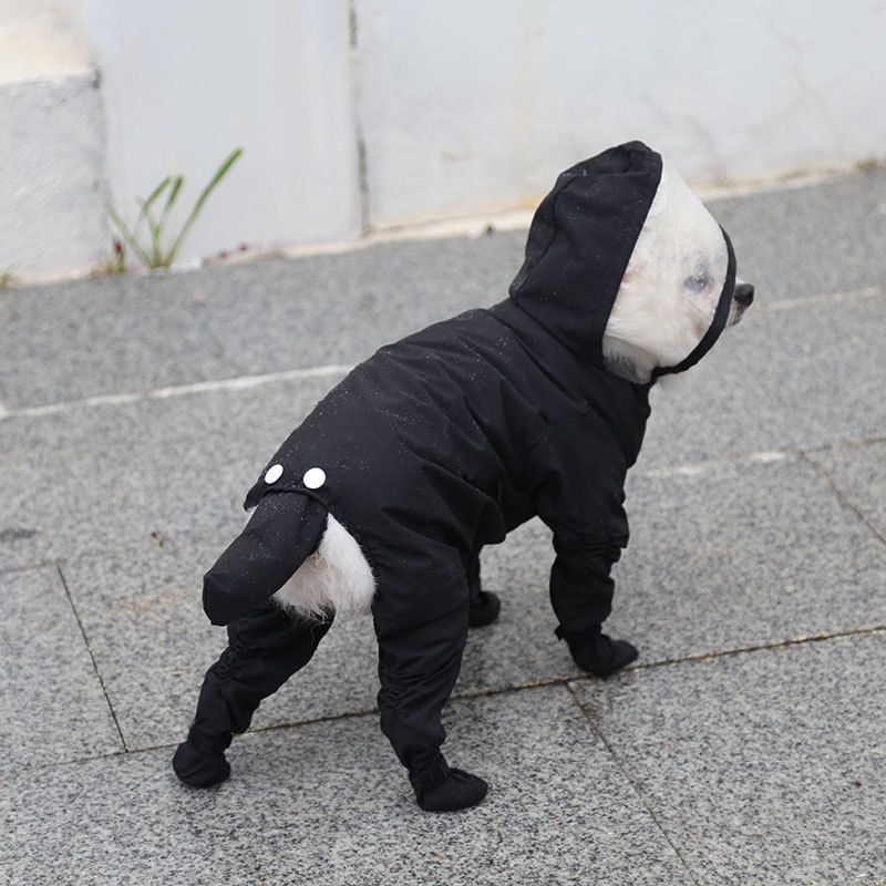 Black S size Full Coverage Pet Raincoat Jumpsuit Waterproof Dog Rain Suit with Attached Shoes and Tail Cover-Lightweight Hooded Dog Poncho for Small Dogs