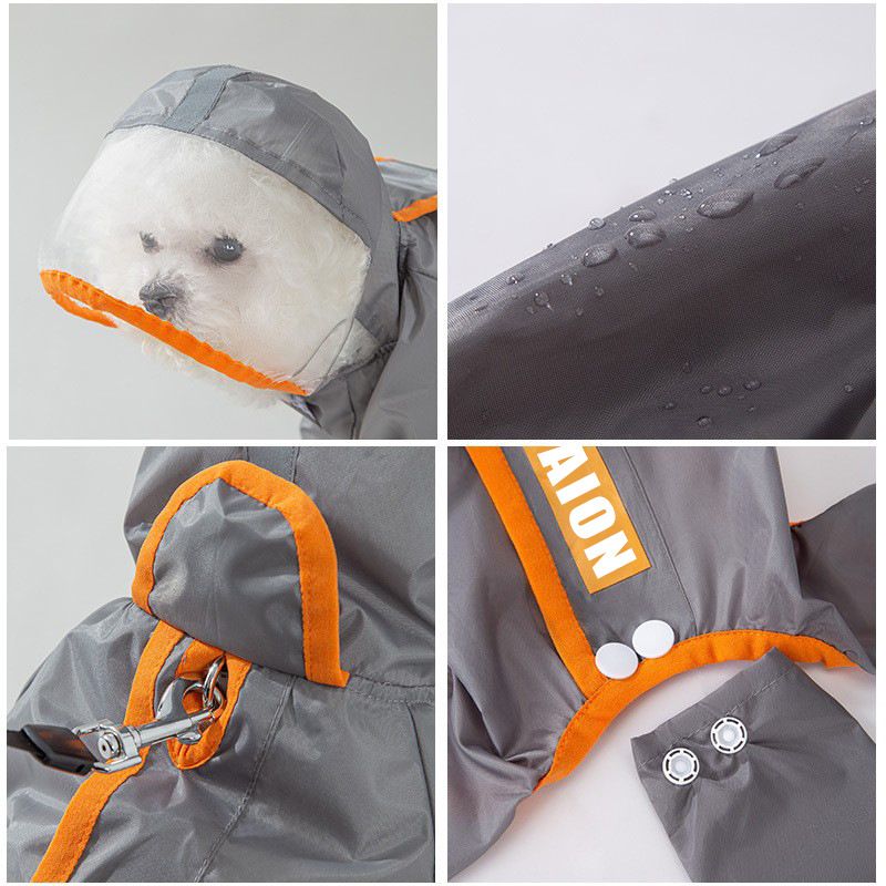 Grey and Orange S size Dog Raincoat with Leash Access and Transparent Hood - Waterproof Full Body Pet Rain Suit for Small and Medium Dogs, Reflective Trim, Removable Tail Cover, Outdoor Walking Apparel