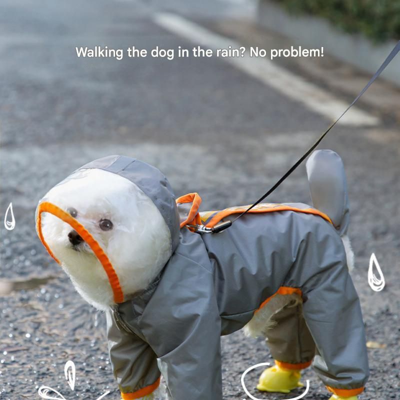 Grey and Green M size Dog Raincoat with Leash Access and Transparent Hood - Waterproof Full Body Pet Rain Suit for Small and Medium Dogs, Reflective Trim, Removable Tail Cover, Outdoor Walking Apparel