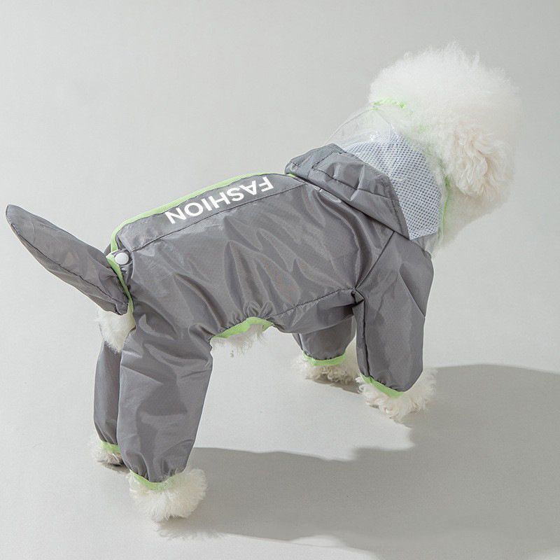 Grey and Green XL size Dog Raincoat with Leash Access and Transparent Hood - Waterproof Full Body Pet Rain Suit for Small and Medium Dogs, Reflective Trim, Removable Tail Cover, Outdoor Walking Apparel