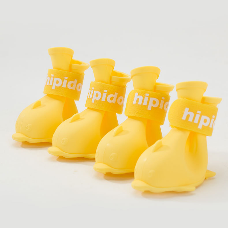 Yellow L size Waterproof Dog Rain Boots Set of 4 - Cartoon Dolphin Design Shape PVC Pet Shoes with Adjustable Hook and Loop Straps, Anti Slip Paw Protectors for Small Dogs and Puppy Outdoor Walks