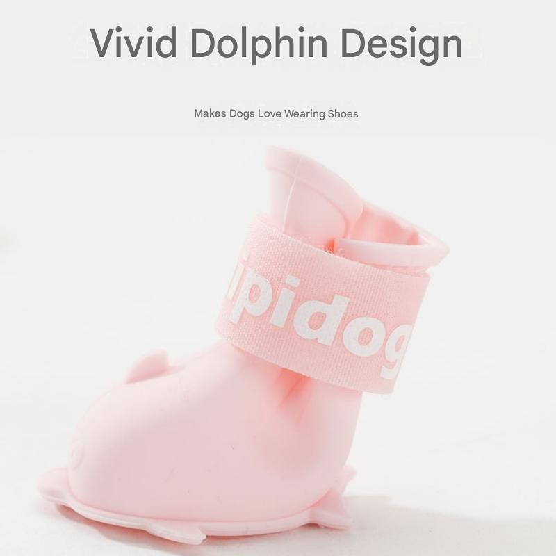 Yellow L size Waterproof Dog Rain Boots Set of 4 - Cartoon Dolphin Design Shape PVC Pet Shoes with Adjustable Hook and Loop Straps, Anti Slip Paw Protectors for Small Dogs and Puppy Outdoor Walks