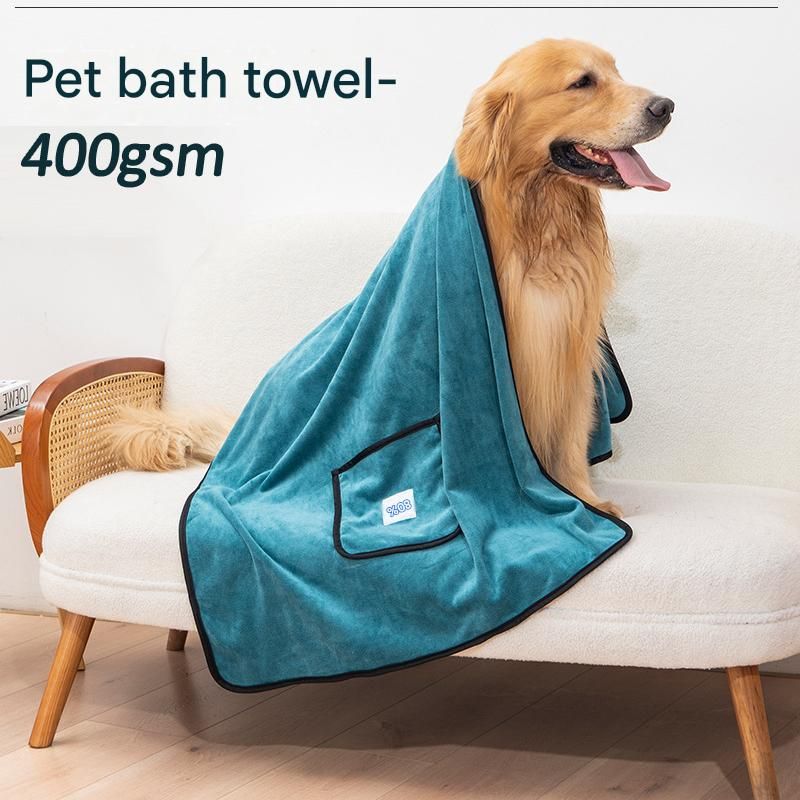 Blue 100*50cm icrofibre Pet Bath Towel with Hand Pockets - Super Absorbent Quick Dry Dog and Cat Drying Towel, Soft Grooming Blanket for Bathing, Cleaning and Everyday Pet Care