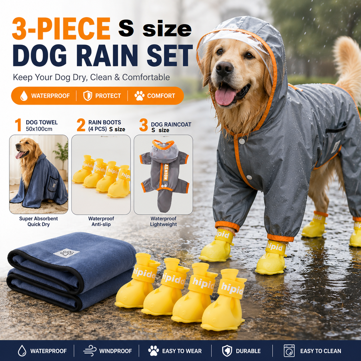 3 Piece Dog Rain Gear Set -S size  Pet Rainy Day Kit with Grey Waterproof Dog Raincoat,  yellow Waterproof Rain Boots Set of 4 and grey Super Absorbent Quick Dry Pet Towel for Small and Medium Dogs