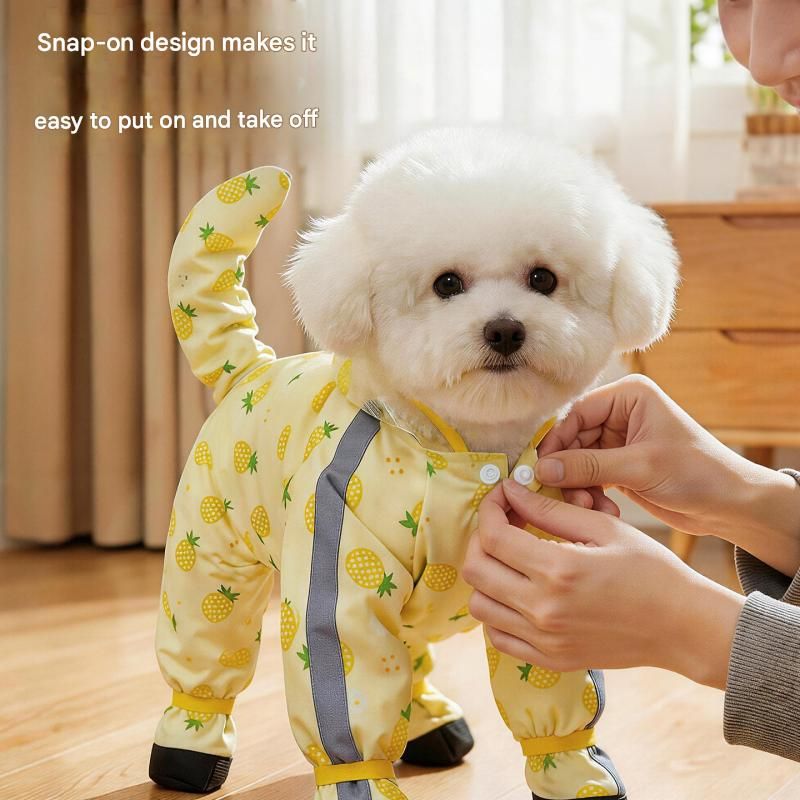 Yellow M size Pineapple Print Full-Cover Dog Raincoat with Transparent Hood, Waterproof Four-Leg Pet Rain Suit with Reflective Strips and Integrated Leash Ring for Small and Medium Dogs