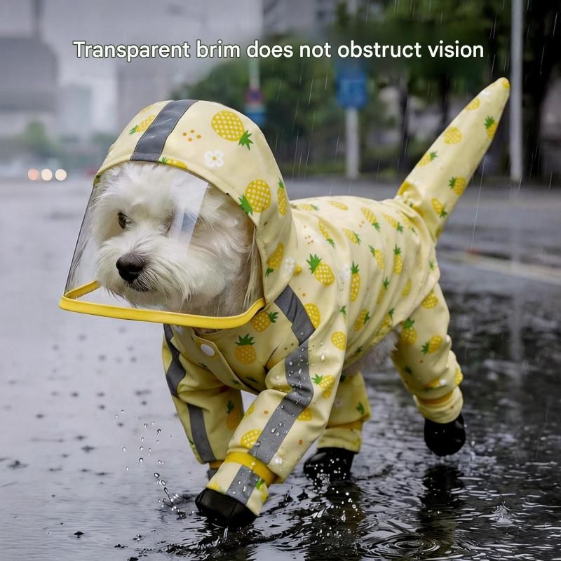 Yellow M size Pineapple Print Full-Cover Dog Raincoat with Transparent Hood, Waterproof Four-Leg Pet Rain Suit with Reflective Strips and Integrated Leash Ring for Small and Medium Dogs