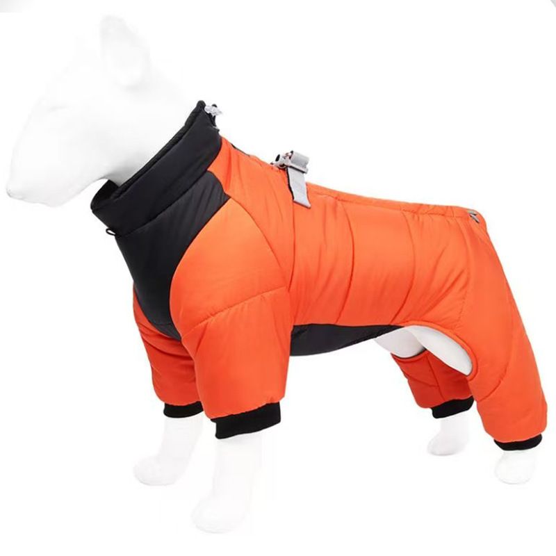 Orange L size Winter Dog Jumpsuit Coat – Waterproof Four-Leg Pet Jacket with Reflective Harness Clip, Windproof Warm Padded Puppy Snowsuit, Adjustable Polyester Dog Clothing for Small to Medium Dogs