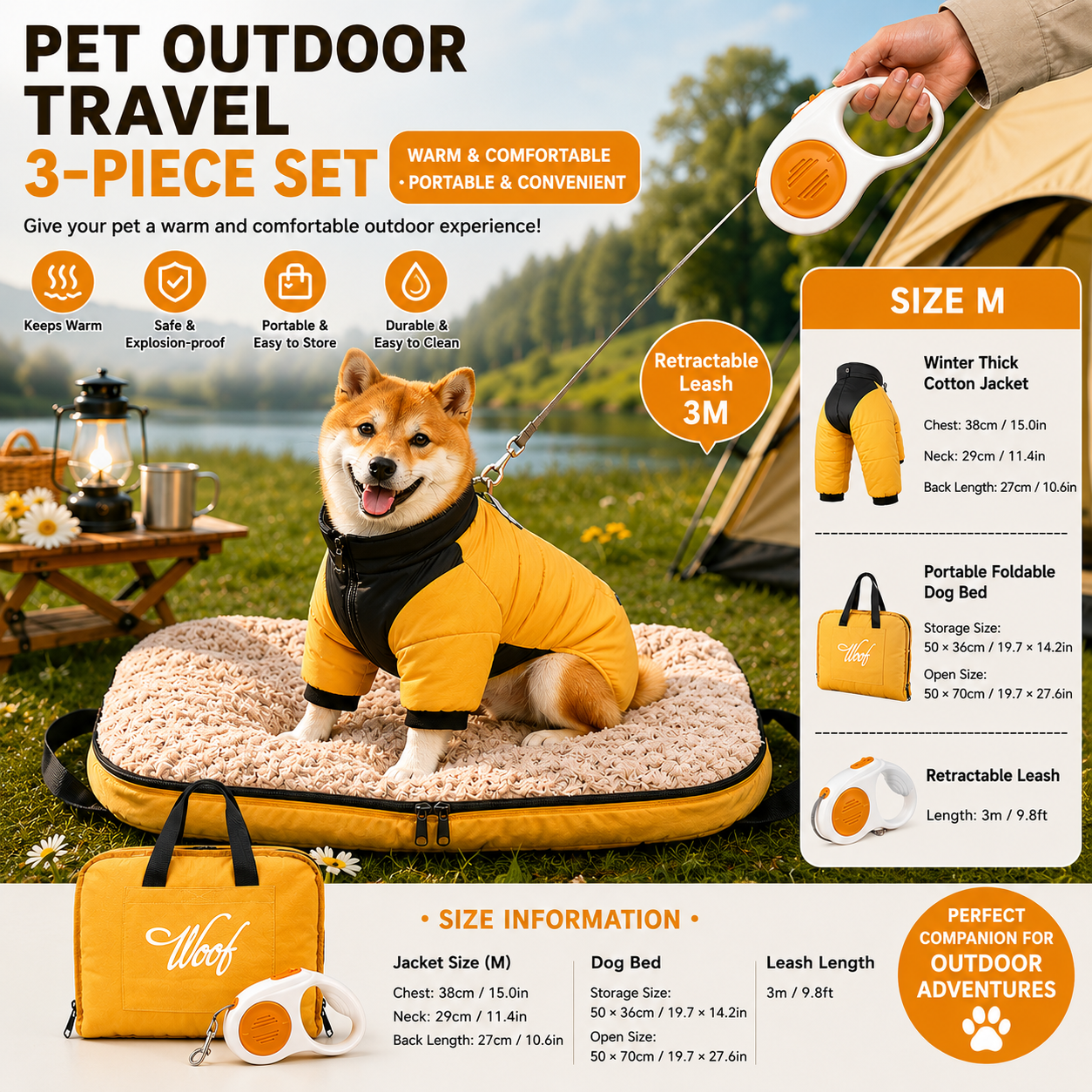 3-Piece Yellow Winter Pet Outdoor Travel  Set – yellow m size Reflective Dog Puffer Jacket, orange 3m Retractable Leash & yellow Portable Foldable Dog Bed