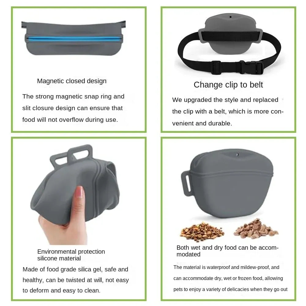 Blue Silicone Dog Training Treat Pouch with Adjustable Waist Belt Hands-Free Pet Reward Bag for Outdoor Walks