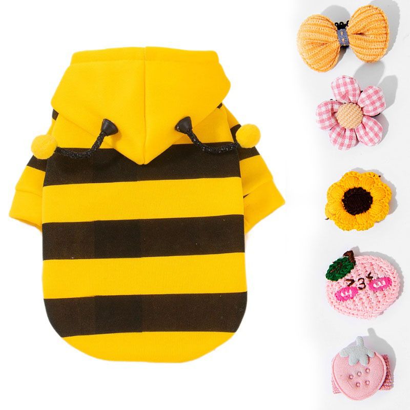 Size S Bee Fleece Hoodie Jumper for Small Dogs & Cats with 5 Hair Clips - Winter Warm Pet Apparel Australia