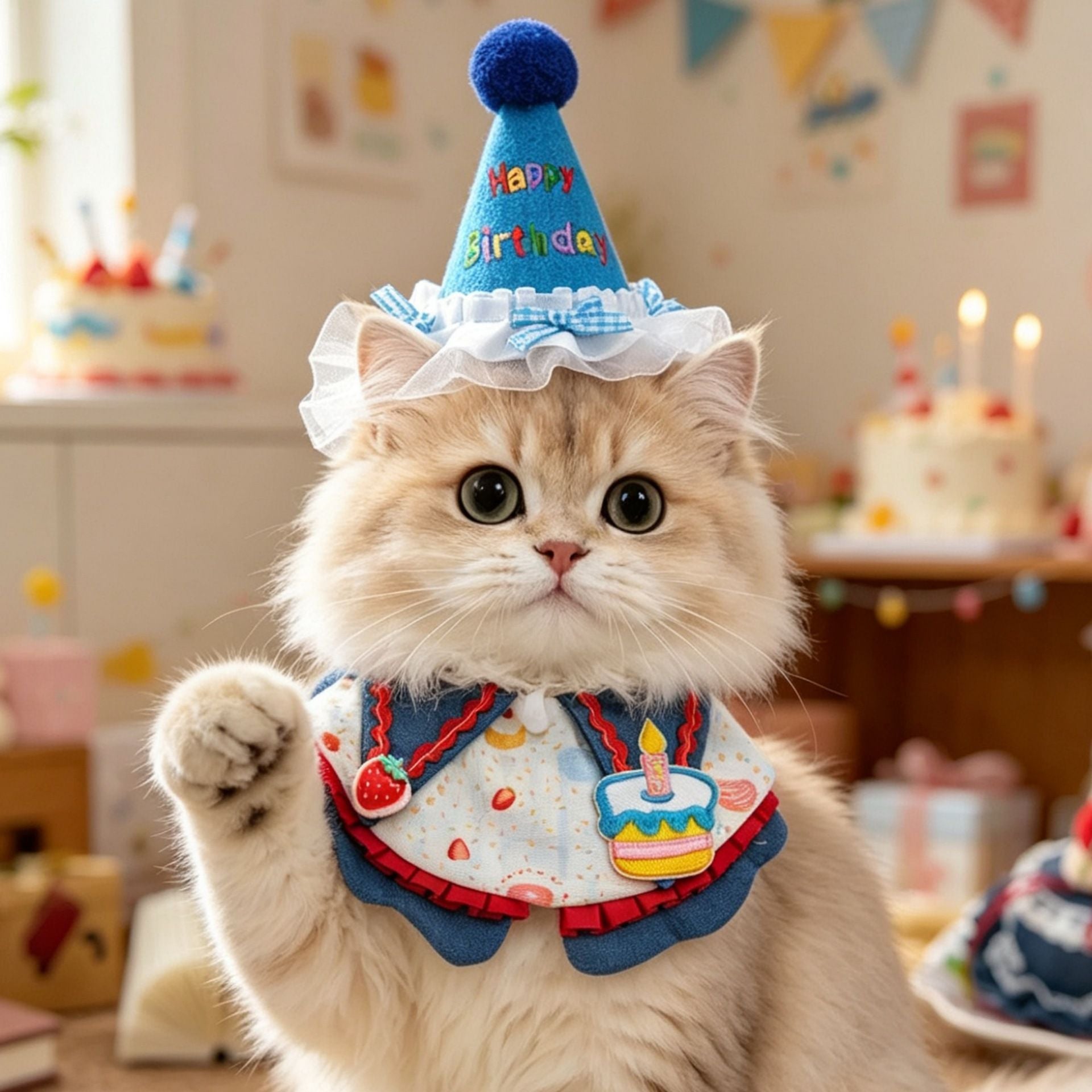 Size L Blue Pet Birthday Party Supplies Strawberry Cake Bib and Hat Set Cat Dog Costume Photo Shoot Outfit