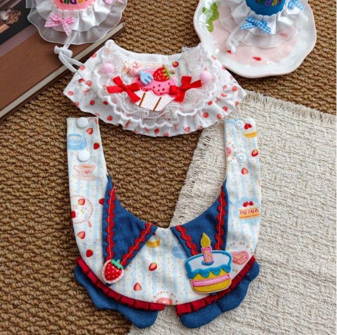 Size L Blue Pet Birthday Party Supplies Strawberry Cake Bib and Hat Set Cat Dog Costume Photo Shoot Outfit