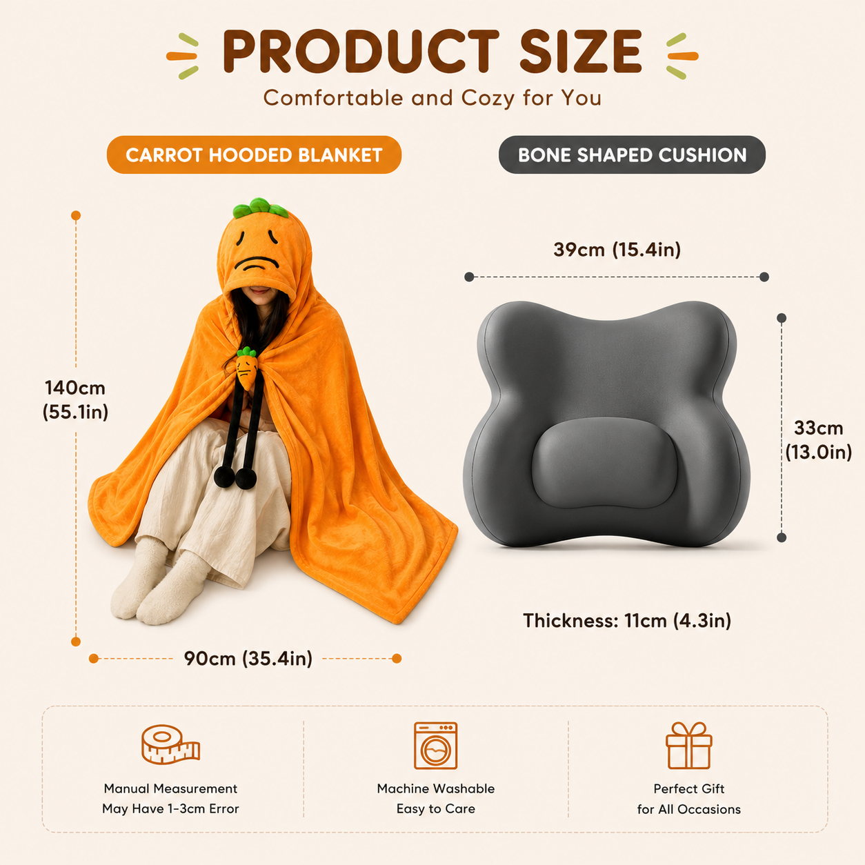 Carrot Hooded Blanket with Black Memory Foam Lumbar Support Pillow, Cozy Wearable Throw Blanket and Ergonomic Back Cushion Set for Office, Home, Study and Relaxation