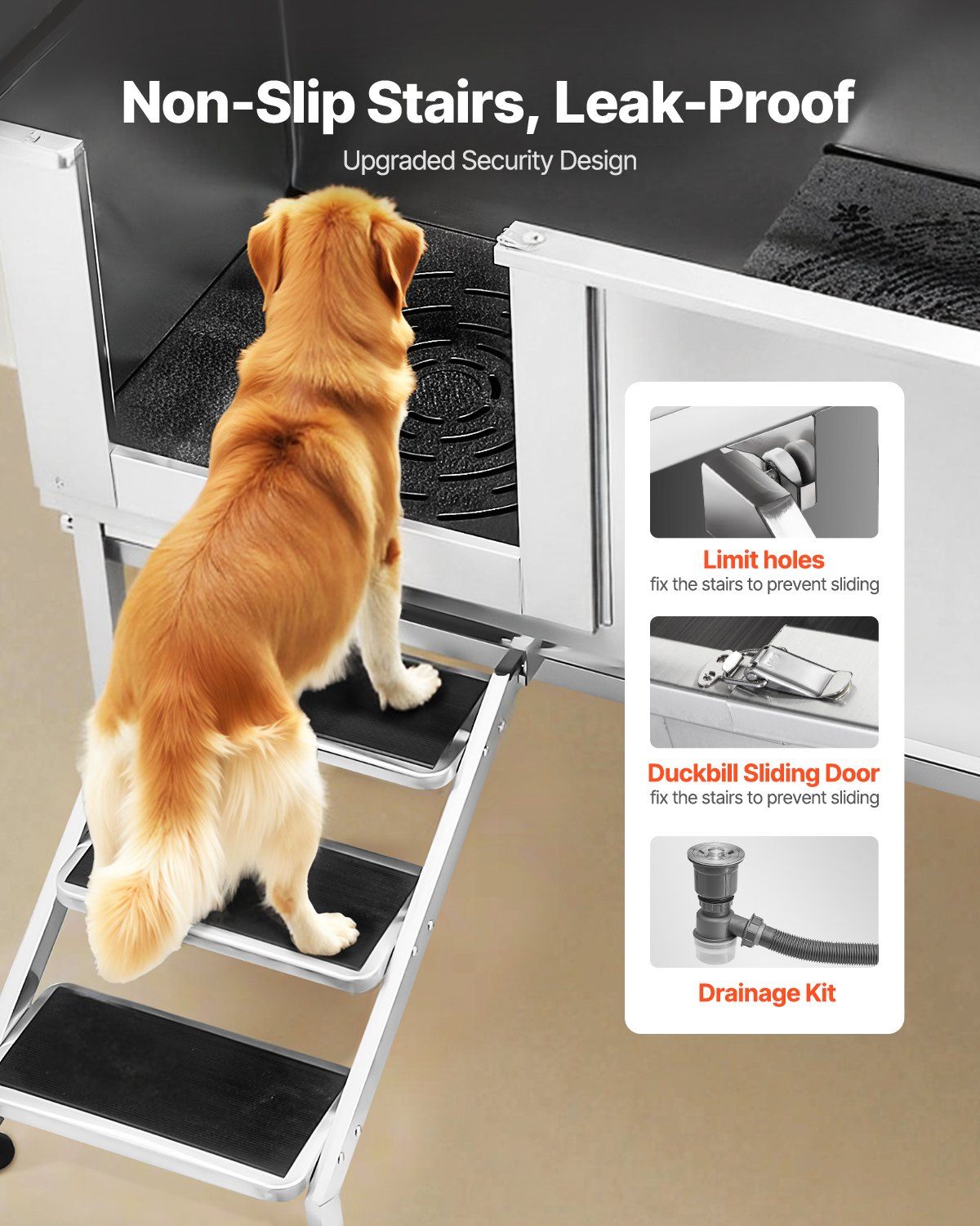 Stainless Steel Dog Washing Station, 157.48 cm Pet Grooming Tub w/ Stairs, PE Water Filter Board, Faucet & Showerhead & Soap Holder Dog Bathtub for Large & Medium & Small Pets (Left Door)