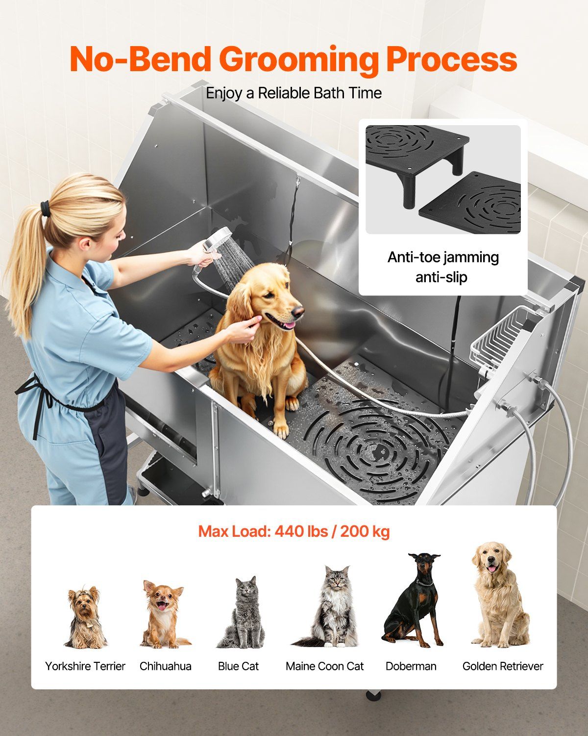 Stainless Steel Dog Washing Station, 157.48 cm Pet Grooming Tub w/ Stairs, PE Water Filter Board, Faucet & Showerhead & Soap Holder Dog Bathtub for Large & Medium & Small Pets (Left Door)