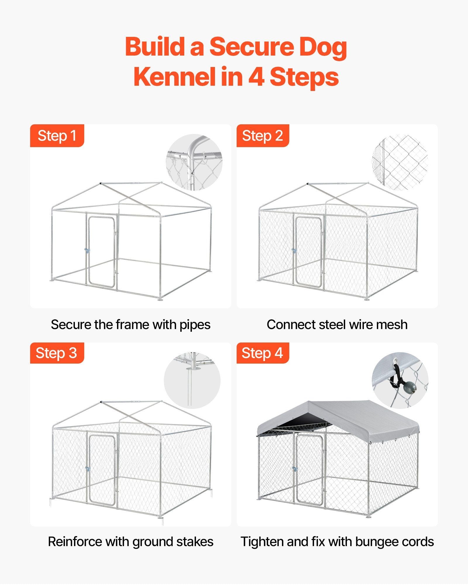 Outdoor Dog Kennel, 2 x 2 x 1.6 m Large Dog Kennel with Secure Lock, Outside Dogs Enclosures with UV-Resistant & Waterproof Roof Cover, Heavy Duty Pet Crate Cage Run for Large Dogs