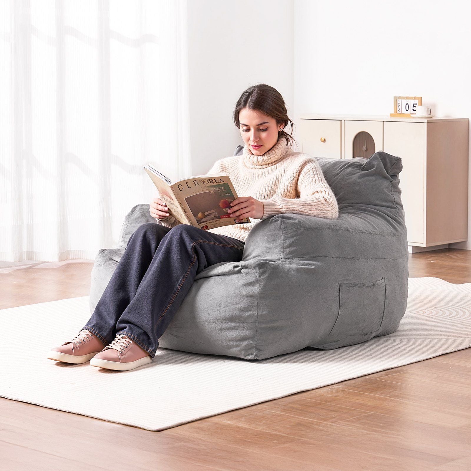 Bean Bag Chair, BeanBag Sofa Chair with Armrests for Adults, Fluffy Plush & High-Density Foam Filling Adult Bean Bag with Zapper, Comfy Lazy Sofa Chair Ideal for Living Room, Bedroom, Grey