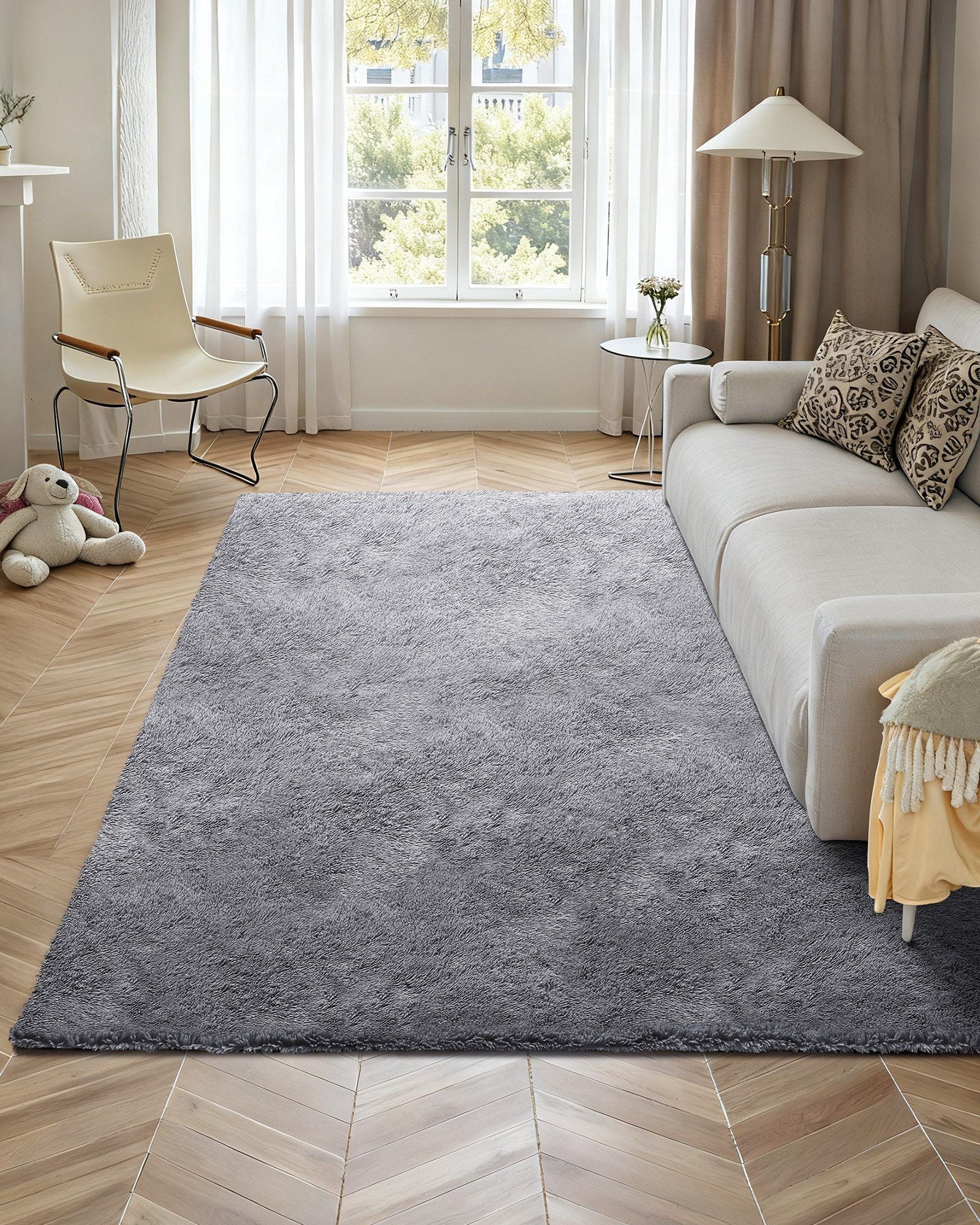 Indoor Plush Area Rugs, 2.44 x 3.05m Soft Plush Carpet, Furry Shag Area Rugs for Living Room, Bedroom, Sunroom, Modern Home Decor Aesthetic, Non-Shedding, Non-Woven, Slip-Resistant, Smoke Gray