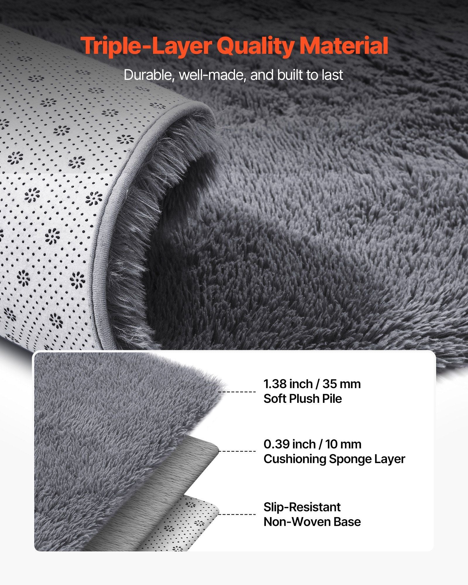 Indoor Plush Area Rugs, 2.44 x 3.05m Soft Plush Carpet, Furry Shag Area Rugs for Living Room, Bedroom, Sunroom, Modern Home Decor Aesthetic, Non-Shedding, Non-Woven, Slip-Resistant, Smoke Gray