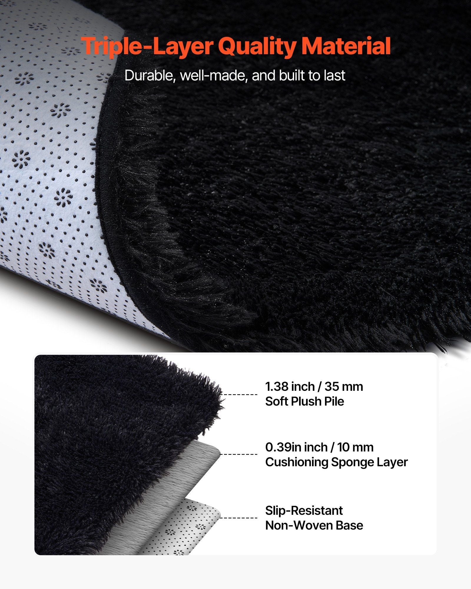 Indoor Plush Area Rugs, 2.44 x 3.05m Soft Plush Carpet, Furry Shag Area Rugs for Living Room, Bedroom, Sunroom, Modern Home Decor Aesthetic, Non-Shedding, Non-Woven, Slip-Resistant, Black