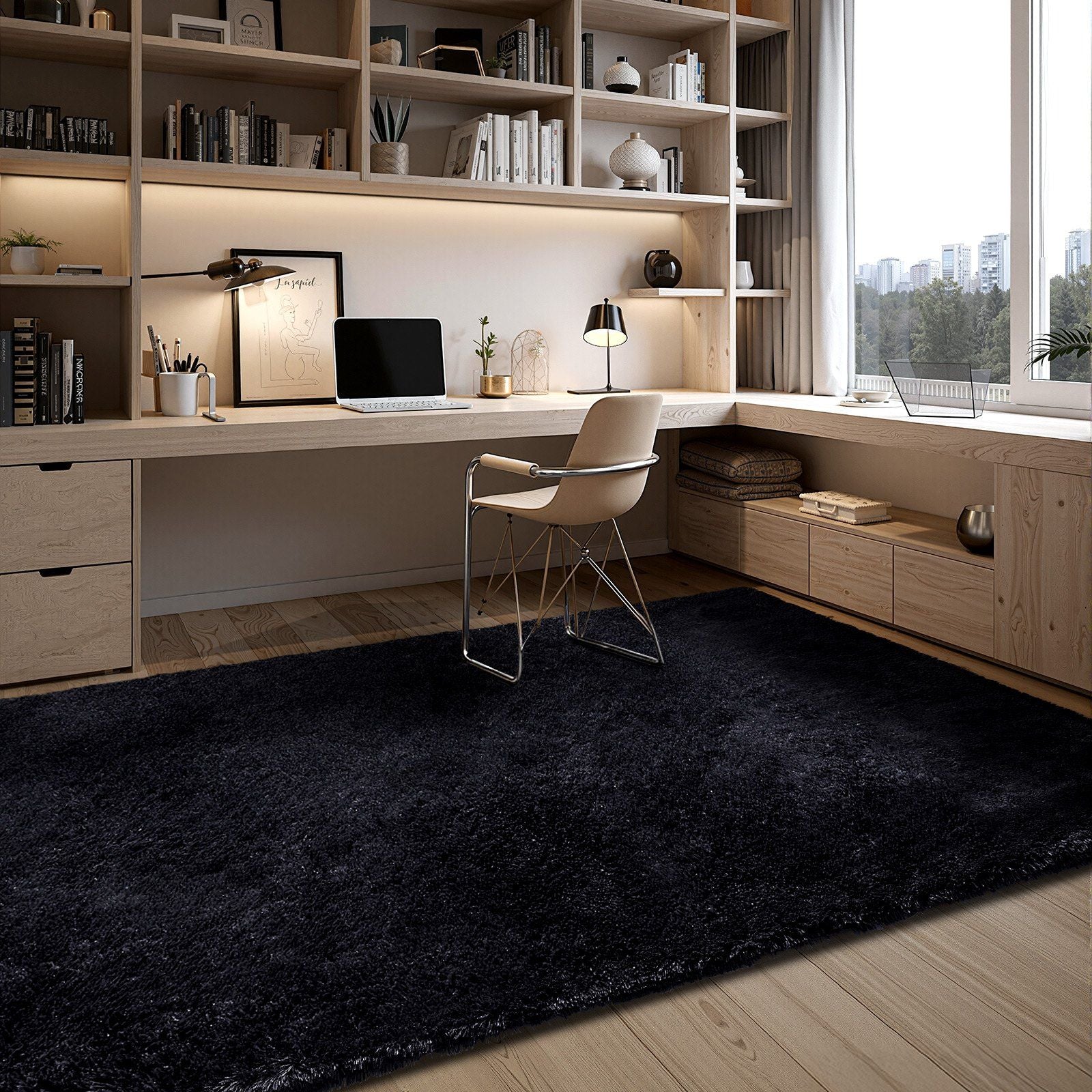 Indoor Plush Area Rugs, 2.44 x 3.05m Soft Plush Carpet, Furry Shag Area Rugs for Living Room, Bedroom, Sunroom, Modern Home Decor Aesthetic, Non-Shedding, Non-Woven, Slip-Resistant, Black