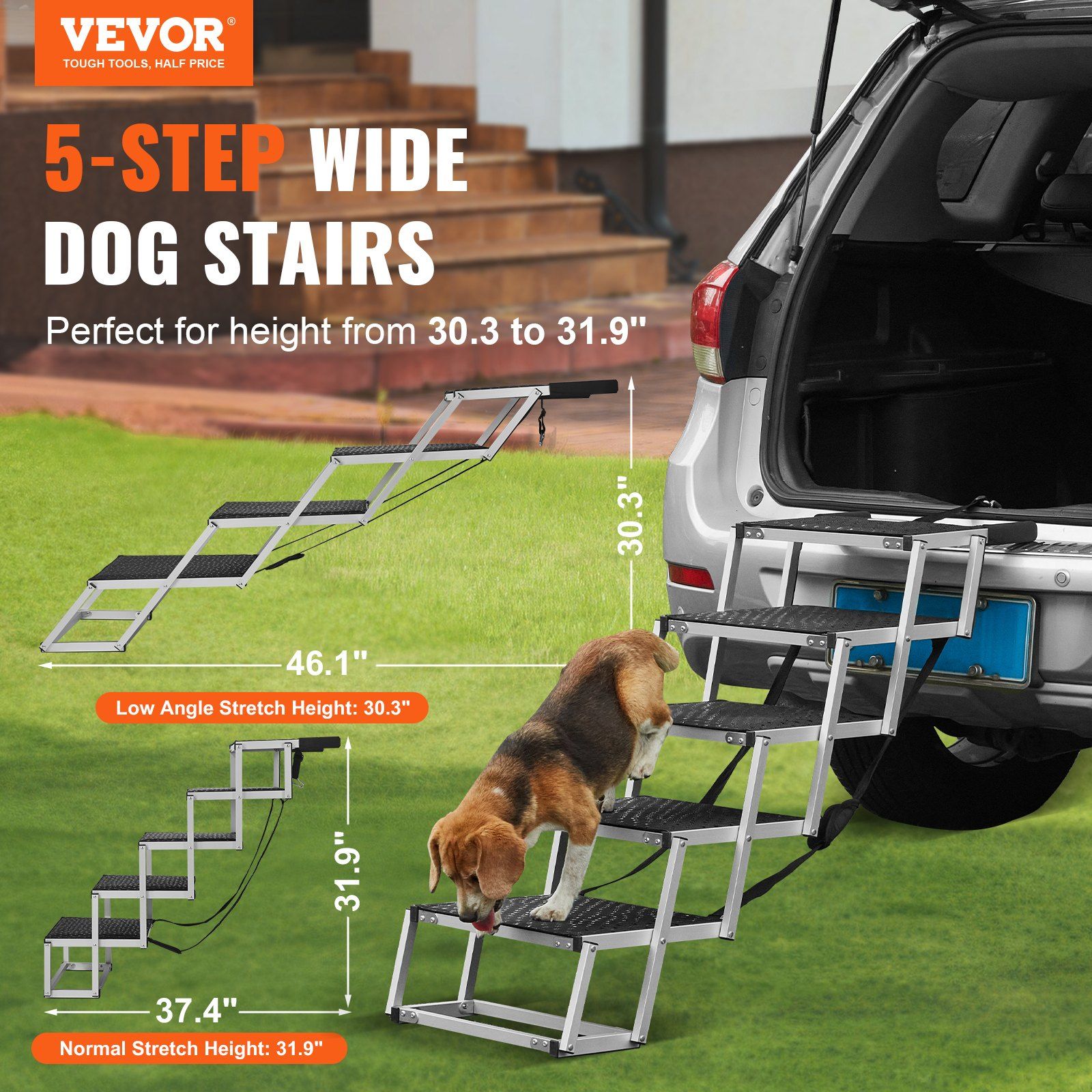 Dog Stair for Cars, Wide 5-step Dog Car Steps, Folding Dog Car Ramp with Nonslip Surface, Portable Pet Steps Lightweight Aluminum for Car, SUV and Truck, Supports up to 150 lbs