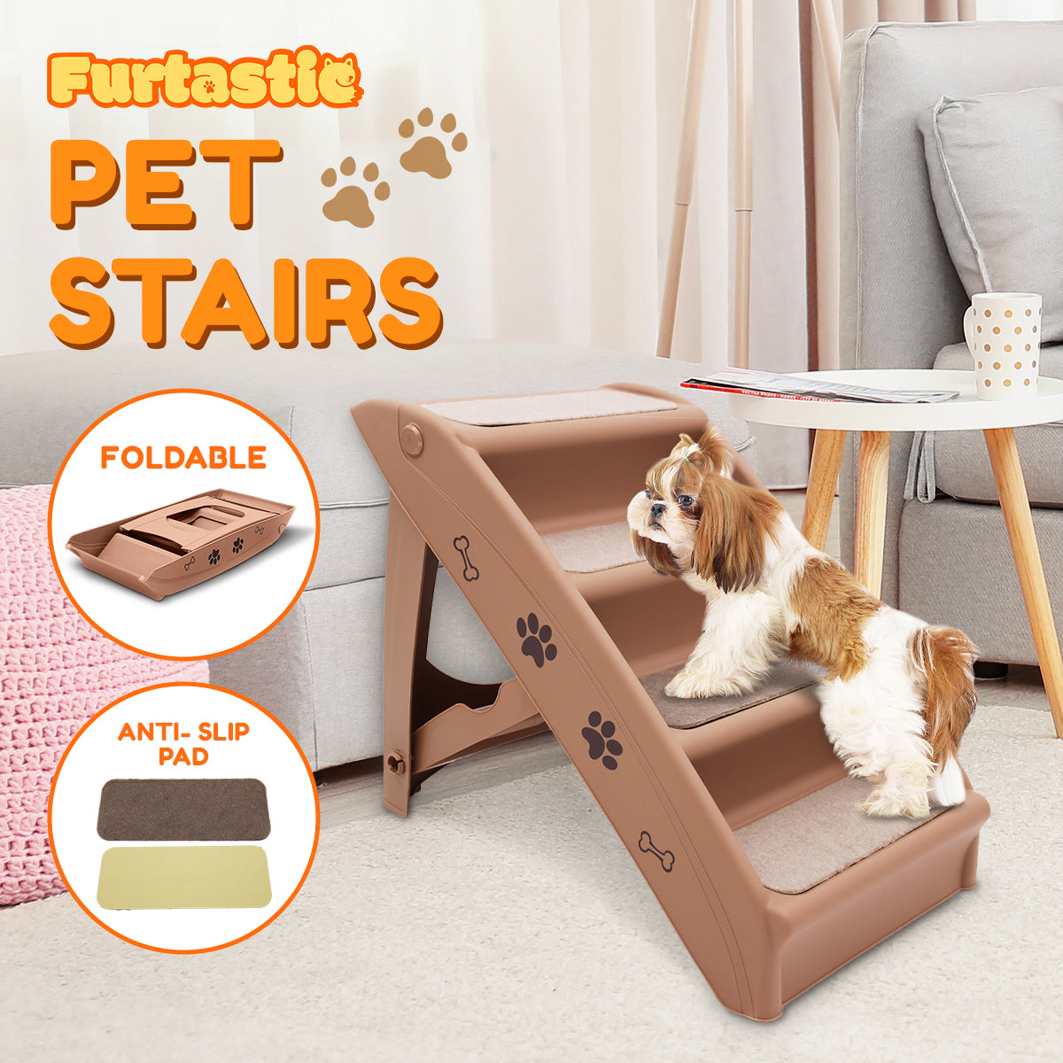 Furtastic 50cm Foldable Step Ladder Stairs - Brown Petsby | Pet Essentials