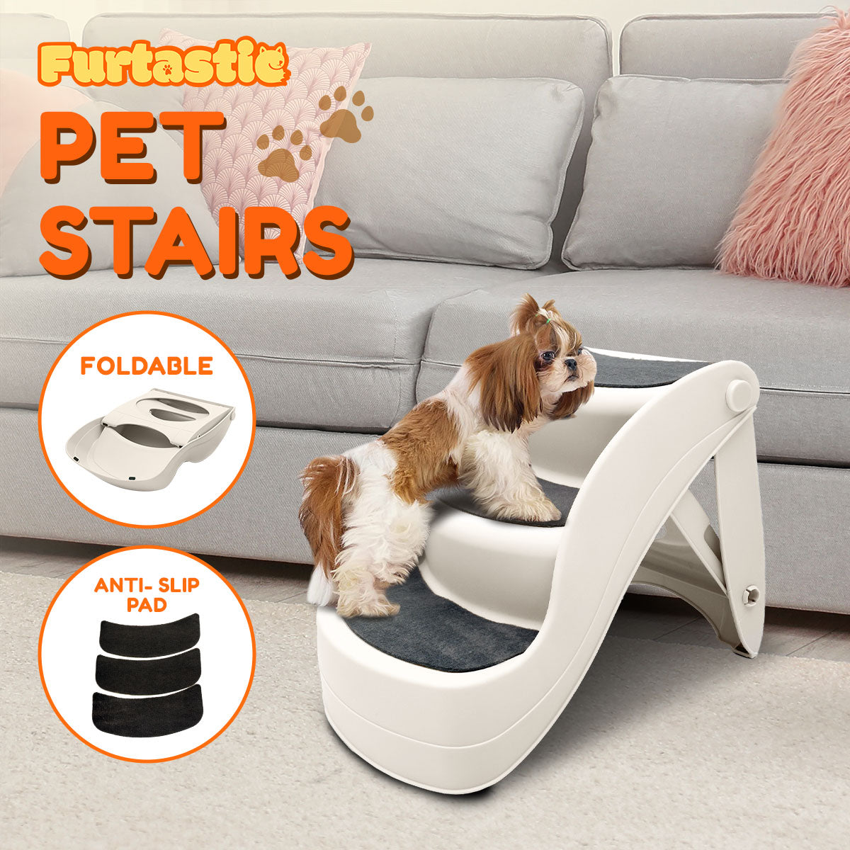 Furtastic 38cm Foldable Pet Stairs Ramp - White Petsby | Pet Essentials