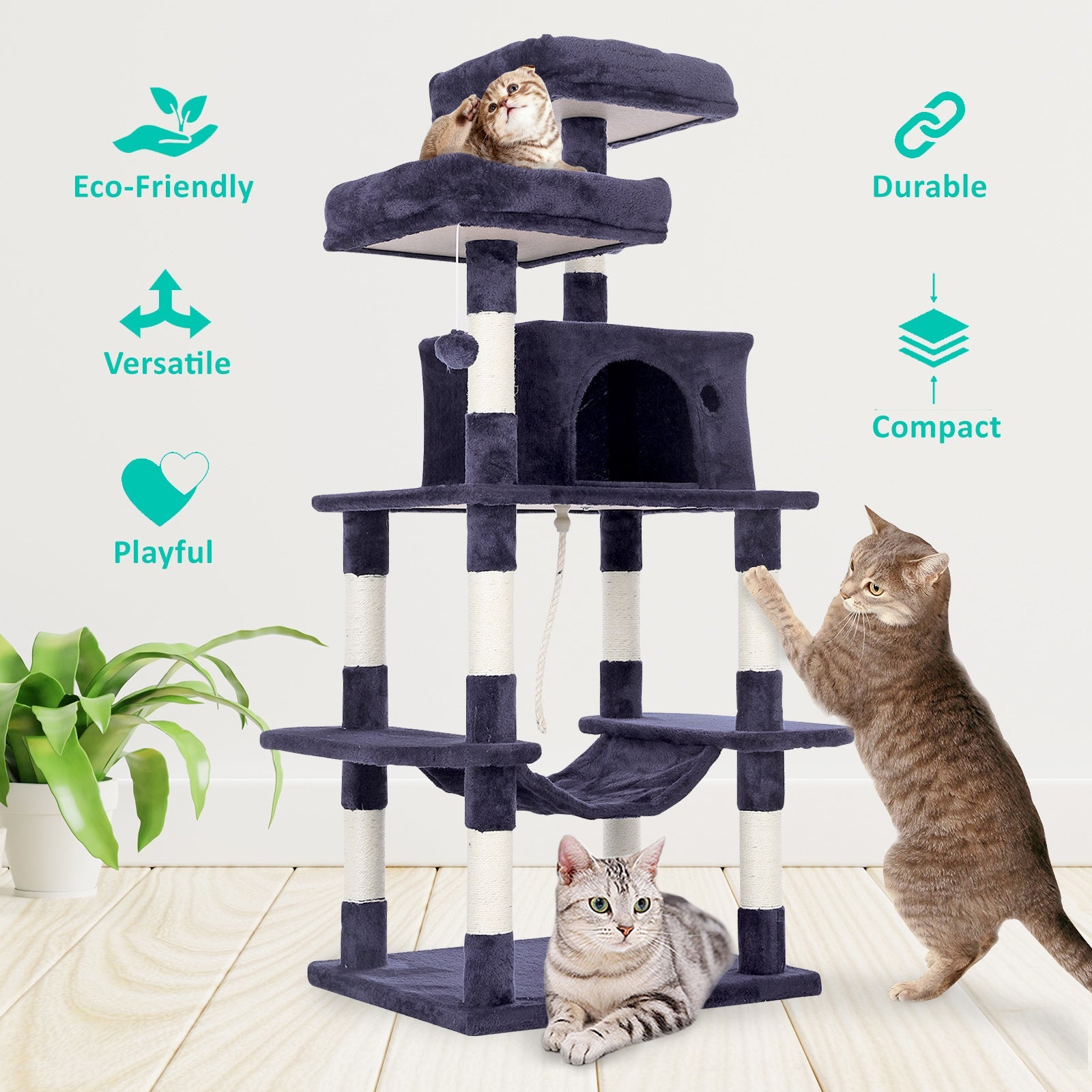 Paw Mate 145cm Grey Cat Tree WHISKY Sisal Scratching Post Scratcher Pole Condo House Tower