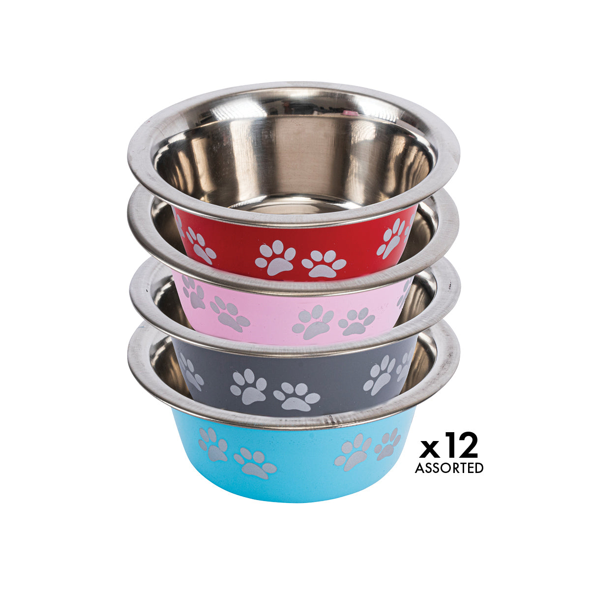 Pet Basic 12PCE Pet Bowl 25cm Stainless Steel Coloured With Paw Prints 2500ml