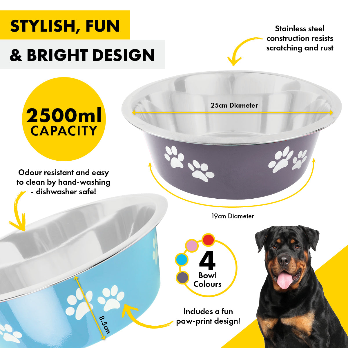Pet Basic 12PCE Pet Bowl 25cm Stainless Steel Coloured With Paw Prints 2500ml